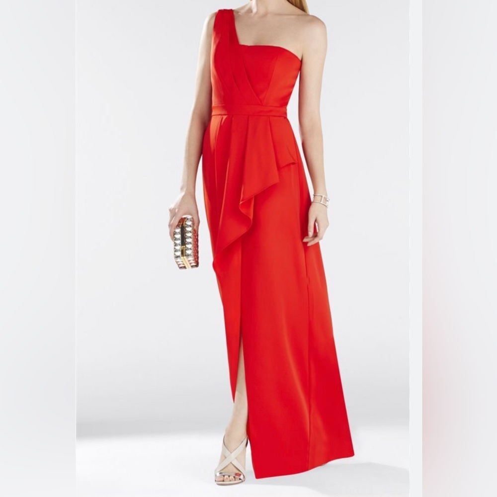 BCBGMAXAZRIA Kristine One-Shoulder Peplum Gown in bright red. Size 0. Dress.